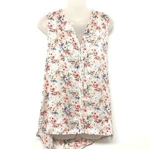 3 for $25- Bobeau Sleeveless Satin Blouse in Blue & Pink Floral Fabric